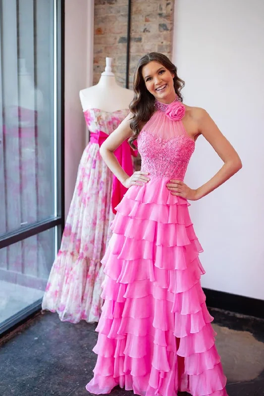 Halter Neck Women Dress to Show Off the Shoulders and NecklineSparkly Hot Pink A-Line Halter Flower Appliques Tiered Long Prom Dress with Slit Halter Neck Women Dress to Show Off the Shoulders and NecklineSparkly Hot Pink A-Line Halter Flower Appliques Tiered Long Prom Dress with Slit