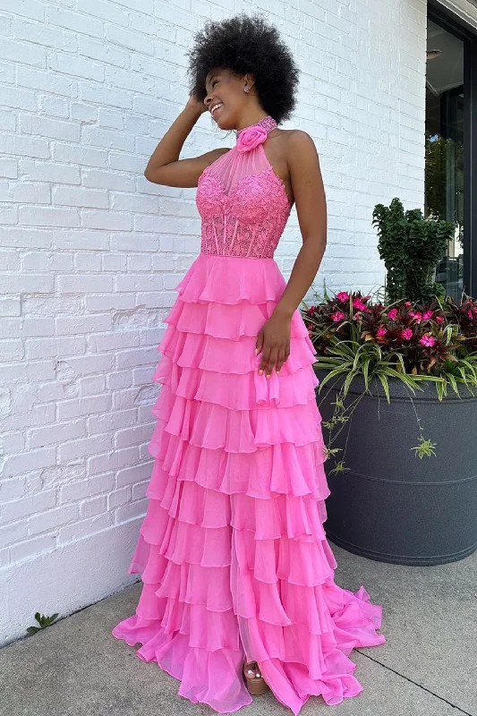Printed Abstract Women Dress for a Modern and Artistic AppealSparkly Hot Pink A-Line Halter Flower Tiered Appliques Long Prom Dress with Slit Printed Abstract Women Dress for a Modern and Artistic AppealSparkly Hot Pink A-Line Halter Flower Tiered Appliques Long Prom Dress with Slit