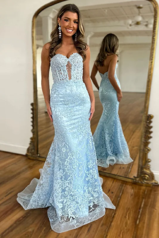 Ball Gown Women Dress with a Full Skirt for a Princess - like LookSparkly Light Blue Mermaid Strapless Corset Long Prom Dress with Appliques Ball Gown Women Dress with a Full Skirt for a Princess - like LookSparkly Light Blue Mermaid Strapless Corset Long Prom Dress with Appliques