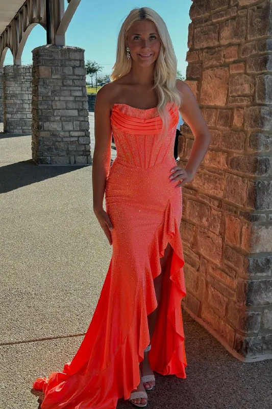 Ruffled Women Dress with Multiple Layers for a Playful and Girly StyleSparkly Orange Mermaid Strapless Beaded Corset Ruffle Long Prom Dress with Slit Ruffled Women Dress with Multiple Layers for a Playful and Girly StyleSparkly Orange Mermaid Strapless Beaded Corset Ruffle Long Prom Dress with Slit