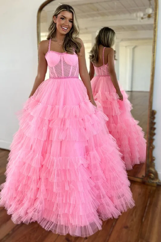 Ball Gown Women Dress with a Full Skirt for a Princess - like LookSparkly Pink A-Line Spaghetti Straps Corset Tiered Tulle Long Prom Dress