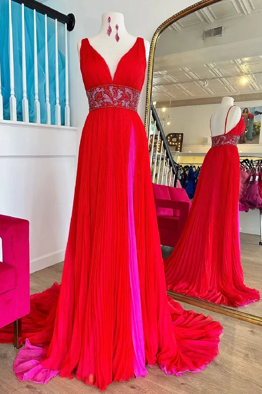 Lace - Embellished Women Dress for an Elegant and Sophisticated AppearanceSparkly Red A-Line Beaded Empire V Neck Long Prom Dress with Slit Lace - Embellished Women Dress for an Elegant and Sophisticated AppearanceSparkly Red A-Line Beaded Empire V Neck Long Prom Dress with Slit