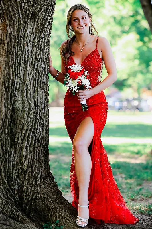 Off - the - Shoulder Women Dress for a Romantic and Feminine LookSparkly Red Mermaid Spaghetti Straps Appliques Long Prom Dress with Slit Off - the - Shoulder Women Dress for a Romantic and Feminine LookSparkly Red Mermaid Spaghetti Straps Appliques Long Prom Dress with Slit