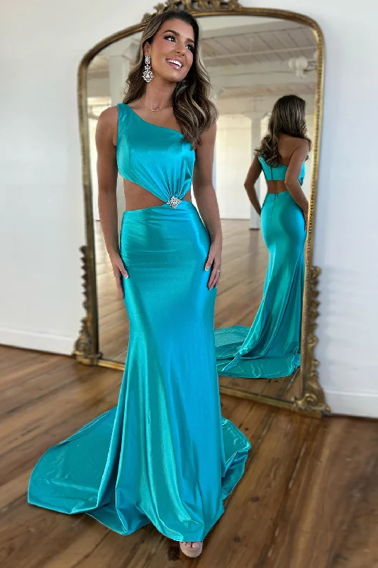 Off - the - Shoulder Women Dress for a Romantic and Feminine LookSparkly Turquoise One Shoulder Mermaid Satin Long Prom Dress