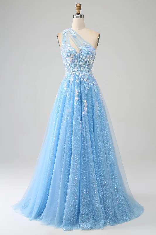 Cocktail dresses with off - the - shoulder designs and beaded accentsStunning A Line One Shoulder Light Blue Long Tulle Prom Dress with Appliques Cocktail dresses with off - the - shoulder designs and beaded accentsStunning A Line One Shoulder Light Blue Long Tulle Prom Dress with Appliques