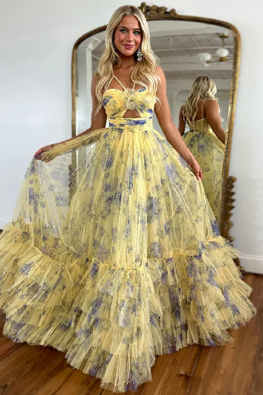 Mini Women Dress with a Short Hem for a Young and Trendy StyleYellow Floral A-Line Spaghetti Straps Flower Tiered Tulle Long Prom Dress Mini Women Dress with a Short Hem for a Young and Trendy StyleYellow Floral A-Line Spaghetti Straps Flower Tiered Tulle Long Prom Dress