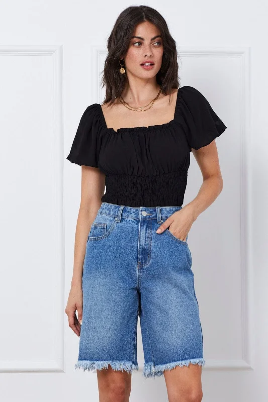 Elastic Waist Women Shorts for Easy Wear and ComfortBlue Knee Length Denim Shorts High Rise Elastic Waist Women Shorts for Easy Wear and ComfortBlue Knee Length Denim Shorts High Rise