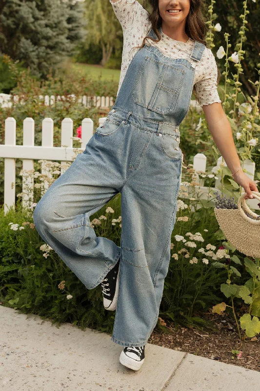 Women's denim overalls with distressed detailsBraxton Overalls-Denim