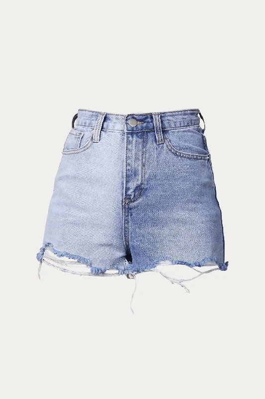 Linen Women Shorts for Breathable Comfort in Hot WeatherTwo-Tone Colorblocked Denim Short In Light Denim Linen Women Shorts for Breathable Comfort in Hot WeatherTwo-Tone Colorblocked Denim Short In Light Denim