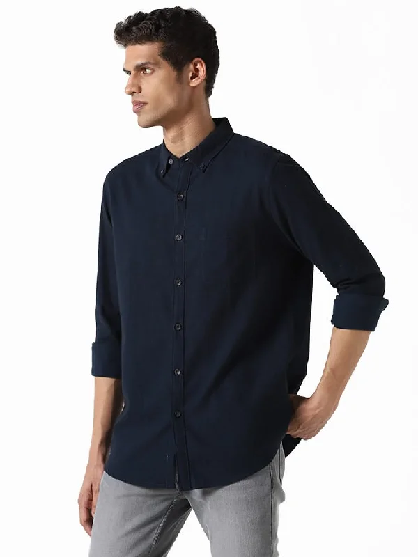 Ruffled Hem Women Shorts to Add a Feminine TouchWES Casuals Solid Navy Blue Slim-Fit Shirt Ruffled Hem Women Shorts to Add a Feminine TouchWES Casuals Solid Navy Blue Slim-Fit Shirt