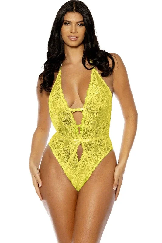 Long - Sleeve Bodysuits for Cold Weather LayeringSoft Cup Lace Teddy with Open Gusset and Open Back | Yellow Long - Sleeve Bodysuits for Cold Weather LayeringSoft Cup Lace Teddy with Open Gusset and Open Back | Yellow