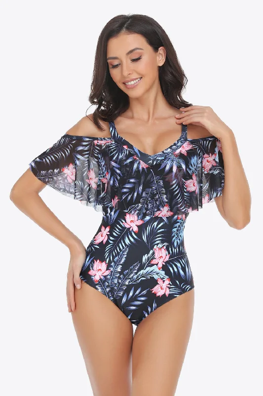 Women's Lace - Embellished One - Pieces in Cream for a Romantic and Vintage - Inspired LookBotanical Print Cold-Shoulder Layered One-Piece Swimsuit Women's Lace - Embellished One - Pieces in Cream for a Romantic and Vintage - Inspired LookBotanical Print Cold-Shoulder Layered One-Piece Swimsuit