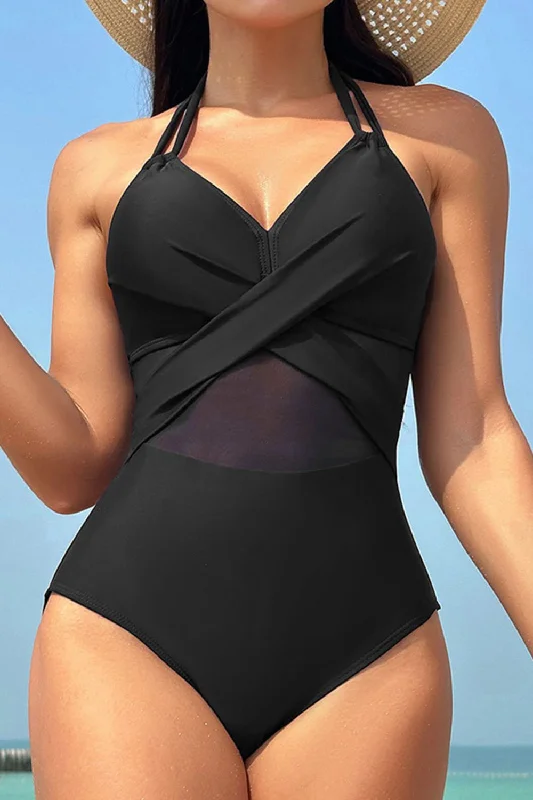 Plus Size Women's Button - Down One - Pieces in Light Blue for a Casual and Comfortable Day OutCrisscross Halter Neck One-Piece Swimwear Plus Size Women's Button - Down One - Pieces in Light Blue for a Casual and Comfortable Day OutCrisscross Halter Neck One-Piece Swimwear