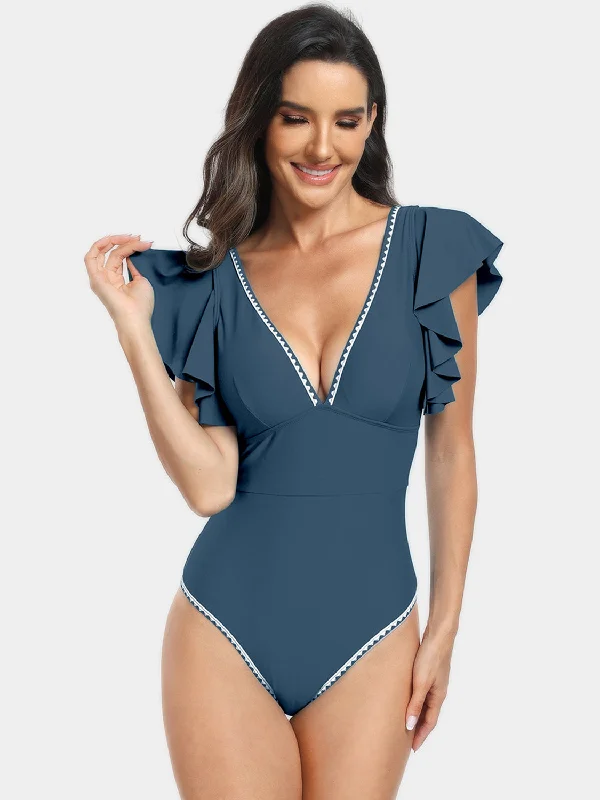 Women's Cargo - Style One - Pieces in Khaki with Pockets for a Practical and Stylish Outdoor LookPlunge Cap Sleeve One-Piece Swimwear