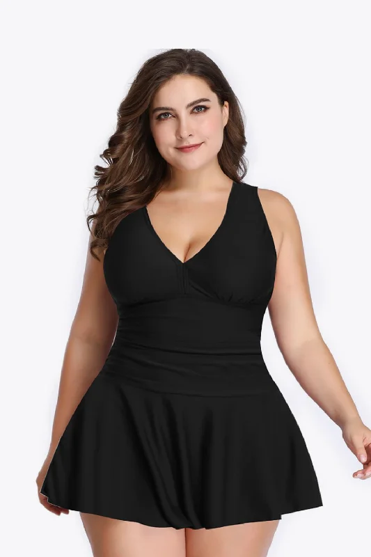 Plus Size Women's Striped One - Pieces in Navy and White for a Nautical - Inspired EnsemblePlus Size Plunge Swim Dress Plus Size Women's Striped One - Pieces in Navy and White for a Nautical - Inspired EnsemblePlus Size Plunge Swim Dress