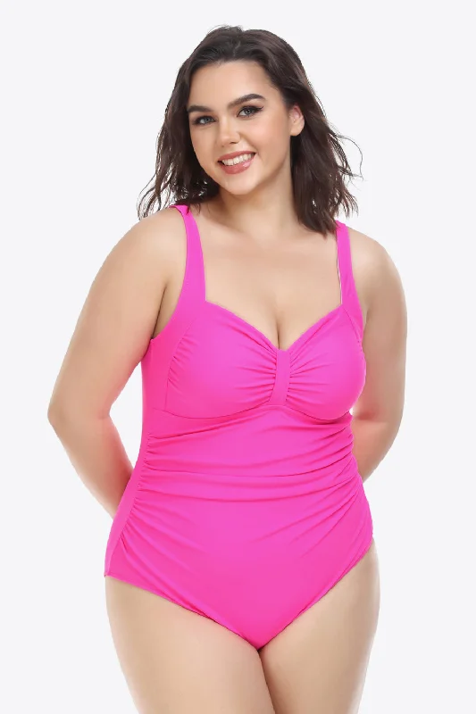 Women's Long - Length One - Pieces in Gray with Asymmetric Hem for a Contemporary and Fashionable LookPlus Size Sleeveless Plunge One-Piece Swimsuit