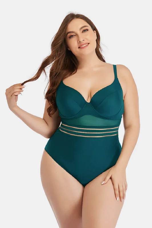 Women's Velvet One - Pieces in Emerald Green for a Luxurious and Sophisticated OccasionPlus Size Spliced Mesh Tie-Back One-Piece Swimsuit Women's Velvet One - Pieces in Emerald Green for a Luxurious and Sophisticated OccasionPlus Size Spliced Mesh Tie-Back One-Piece Swimsuit
