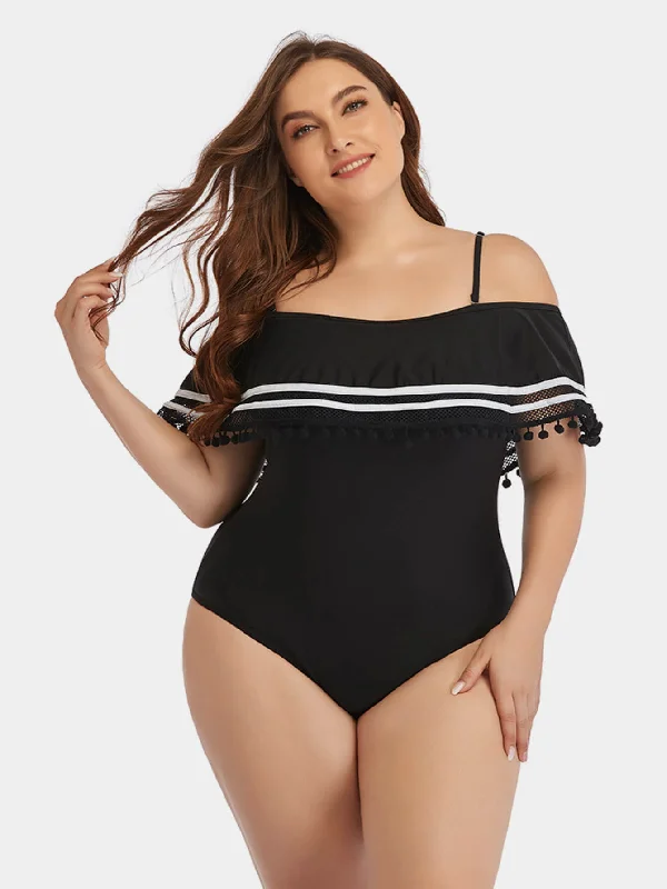Plus Size Women's Wrap - Style One - Pieces in Burgundy with Belt for a Figure - Flattering OptionPlus Size Striped Cold-Shoulder One-Piece Swimsuit