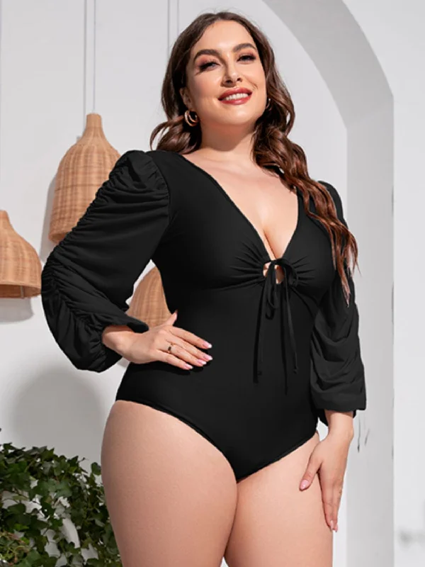 Women's Long - Sleeve Turtleneck One - Pieces in Navy for a Sophisticated Winter EnsemblePlus Size Tied Deep V Balloon Sleeve One-Piece Swimsuit