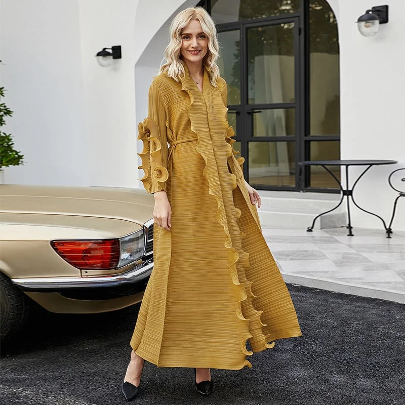 Maxi dresses with a wrap - around style for a customizable fit Maxi dresses with a wrap - around style for a customizable fit Miyake Pleated Petal Sleeve Ruffled Maxi Dress